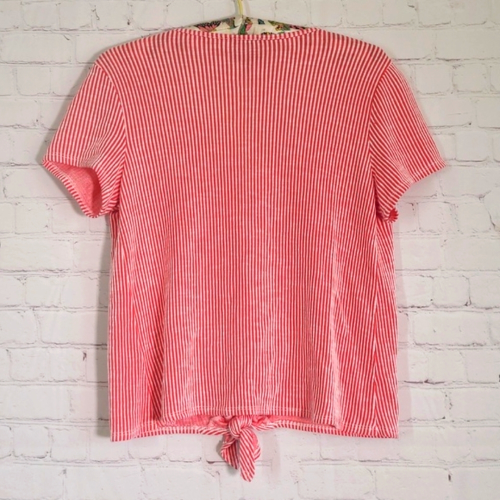 W5 Red & White Stripe Wood Button Front Tie Rockabilly Tee Tshirt Womens Size M - Picture 11 of 16